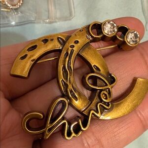 Chanel-Inspired Gold Tone 'Chanel' Script Double C Brooch